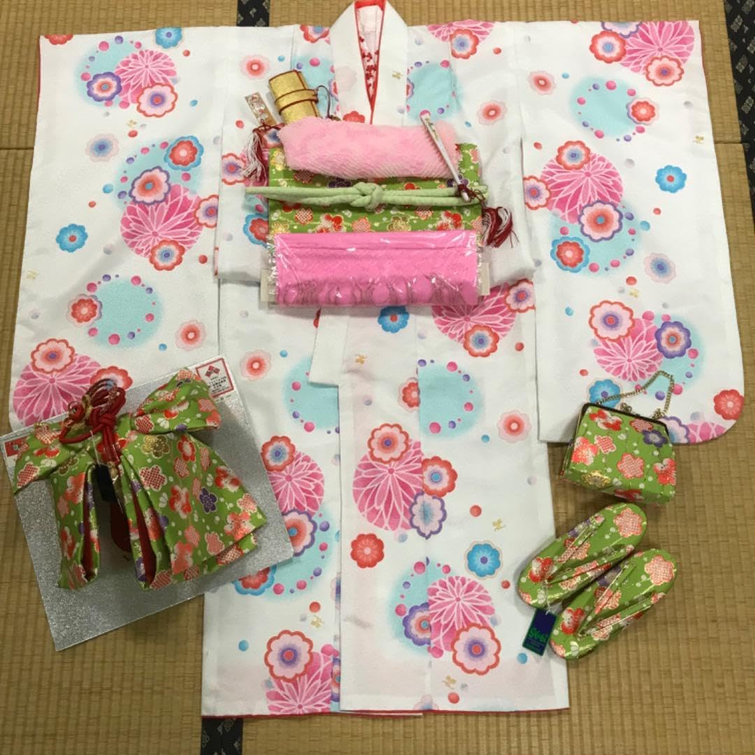 七五三　女の子着物　爽やか白と水色　クレージュ　ピンク　梅　ダリア　日本製 七五三 7歳女の子 着物 白×水色 クレージュ ピンク 梅 ダリア